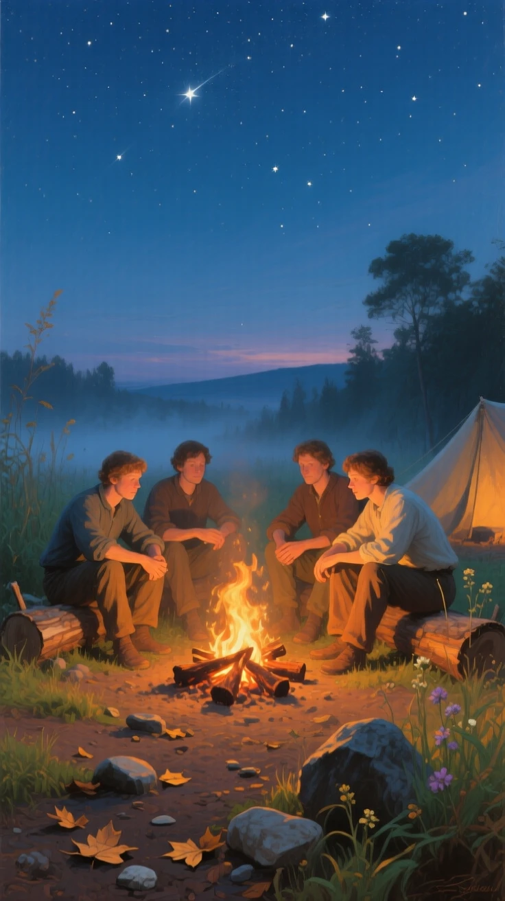 A well-framed scene of a group of campers gathered around a fire beneath a starlit sky, at the start of a humid summer, at twilight.