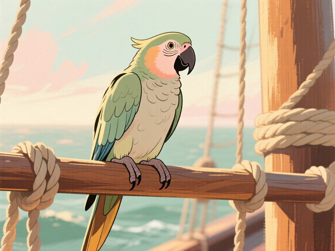 A parrot perched on a wooden ship's rigging