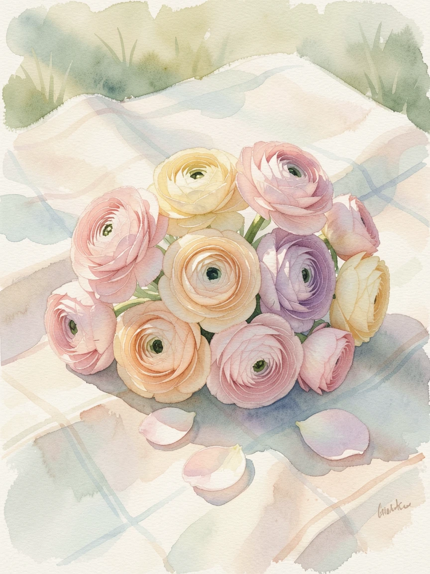 A bunch of ranunculus in pastel shades on a picnic blanket with a few loose petals scattered nearby.