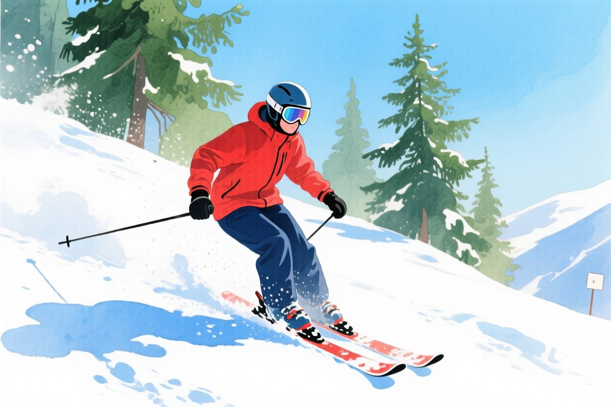 A skier carves down a snowy mountain slope beneath a bright blue sky and towering pine trees