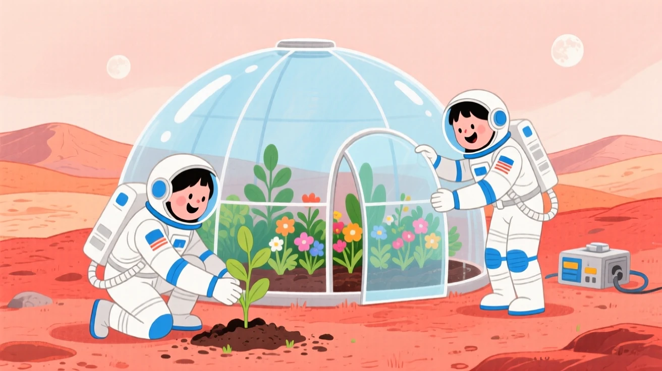 Two astronauts planting a garden dome on Mars, full of wonder and discovery.