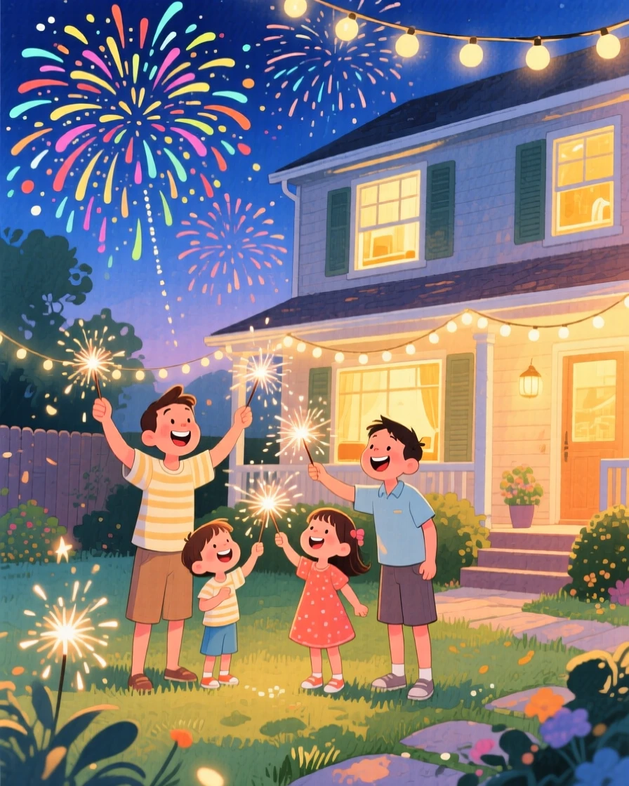 A family lighting fireworks on a summer night, in a backyard glowing with sparklers and string lights, with warm golden light glowing from every window, evoking joyful celebration and togetherness.