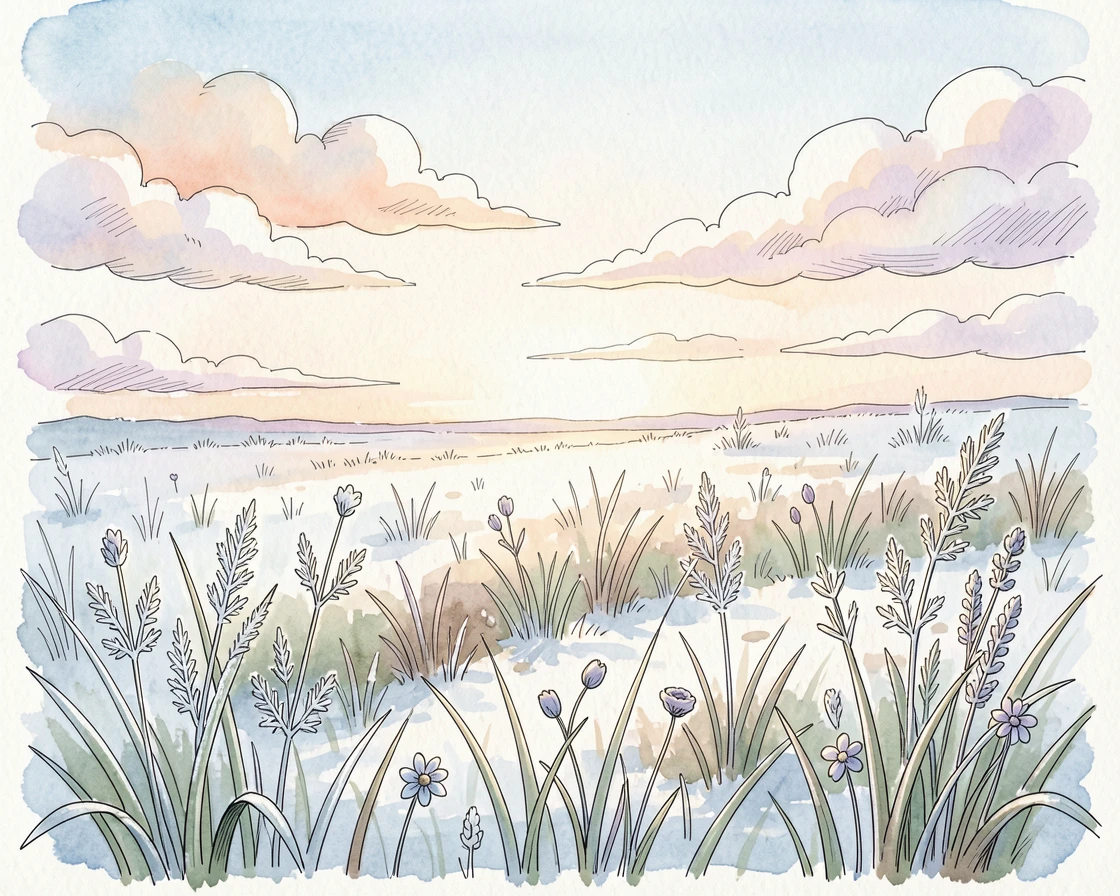 A frost-covered meadow catching the first light of a winter morning, clouds drifting slowly across an otherwise clear sky.