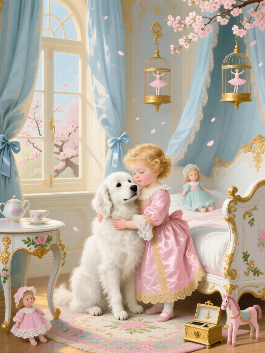 A royal child hugging a fluffy white dog in a sunlit nursery  