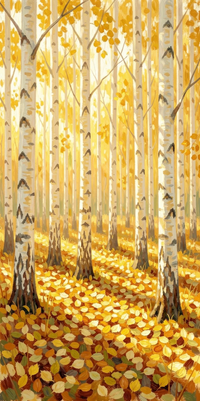 A golden birch forest in autumn, sunlight streaming between white trunks onto a carpet of fallen leaves.