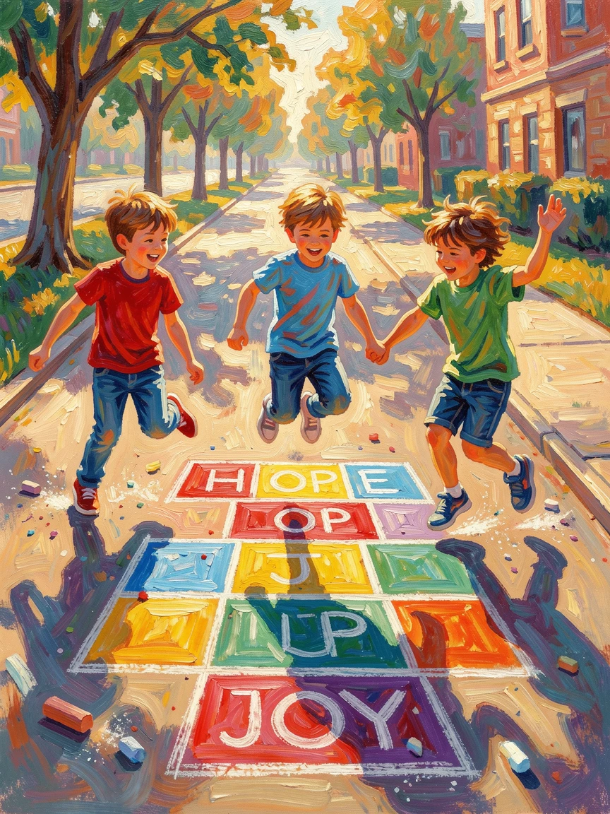Children playing hopscotch on a sunlit sidewalk chalked with colorful squares.