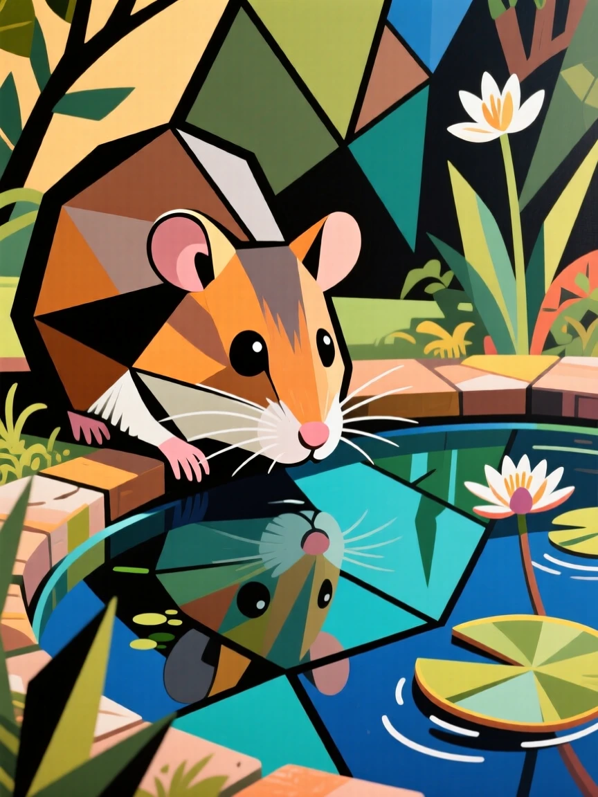 A charming portrait of a tiny hamster peering curiously into a garden pond, on a lazy afternoon.