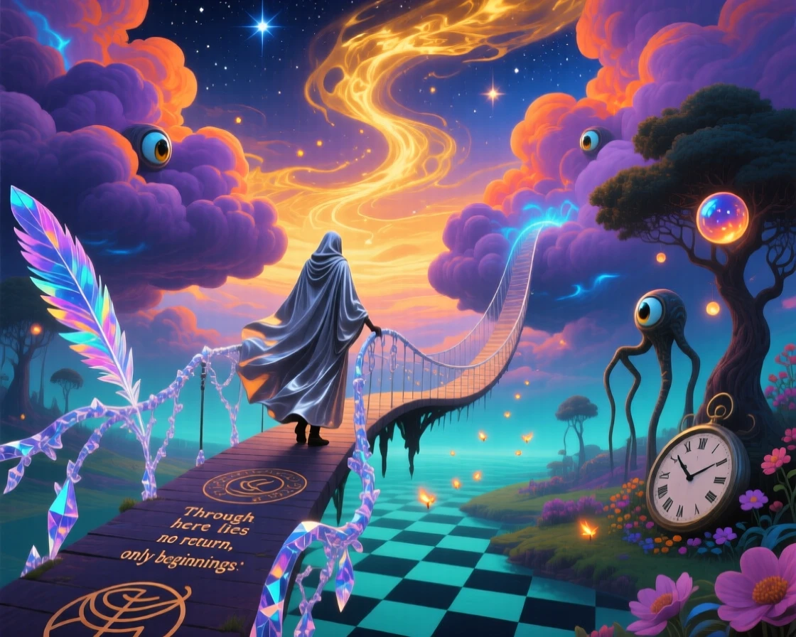 A lone traveler crossing a bridge suspended between two clouds pauses thoughtfully at the edge of an unfamiliar world, while a faint trail of light marks the path behind them.