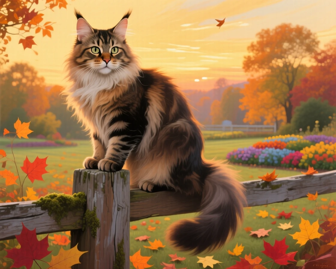 A regal Maine Coon cat sits atop a wooden fence post, surveying an autumn garden with its tufted ears silhouetted against the golden light, its posture alert yet relaxed, fully at ease within its natural surroundings.