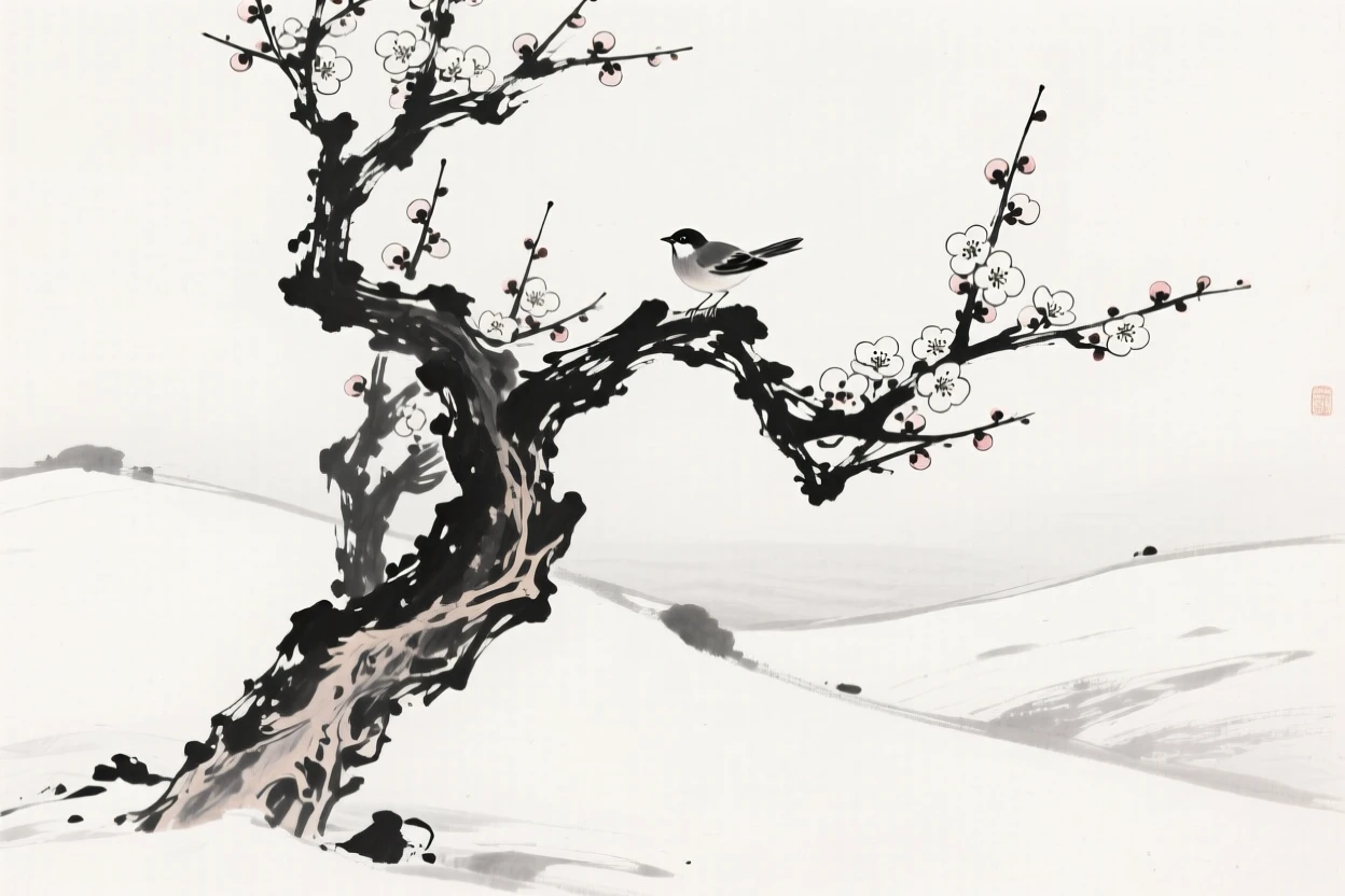 A gnarled plum tree in full bloom stands alone against a snowy hillside, as a single bird perches among the flowering branches.