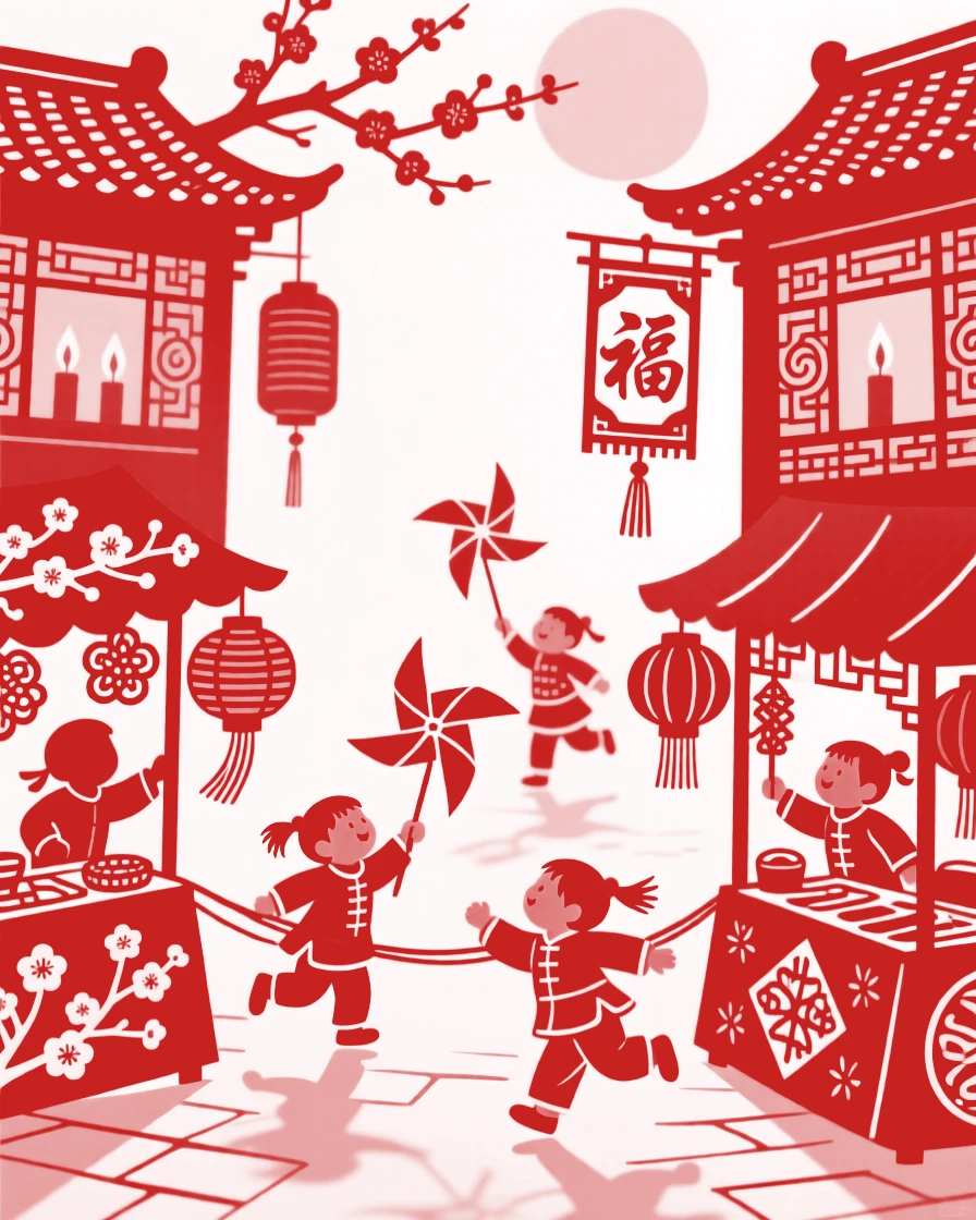 A scene of a village square decorated for the new year, where children weave between stalls chasing paper windmills, with the glow of candlelight reflected in every window.