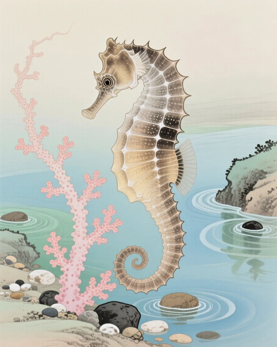 A seahorse curled around a strand of coral near the mouth of a quiet mountain stream