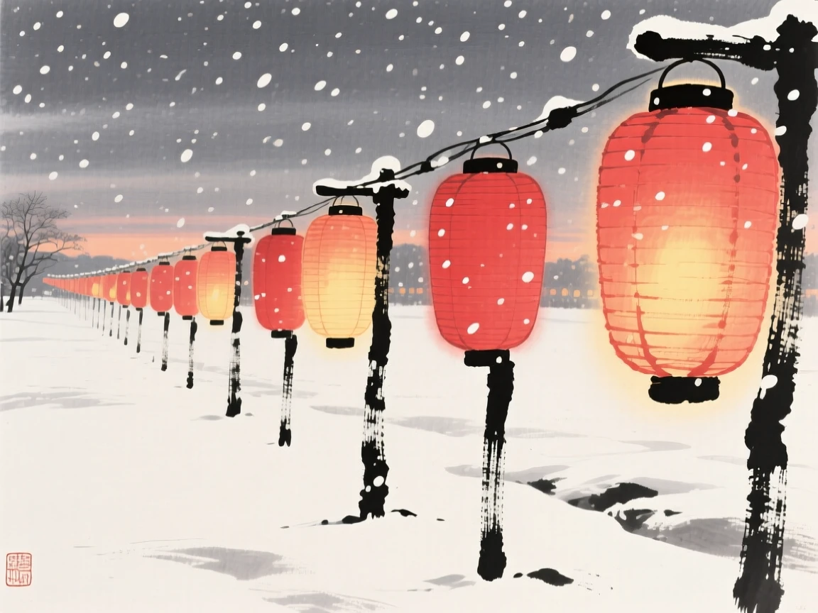 Snow gently falling on a row of red lanterns at dusk, composed with warm lantern light glowing against a cool evening, carrying a joyful yet peaceful atmosphere.