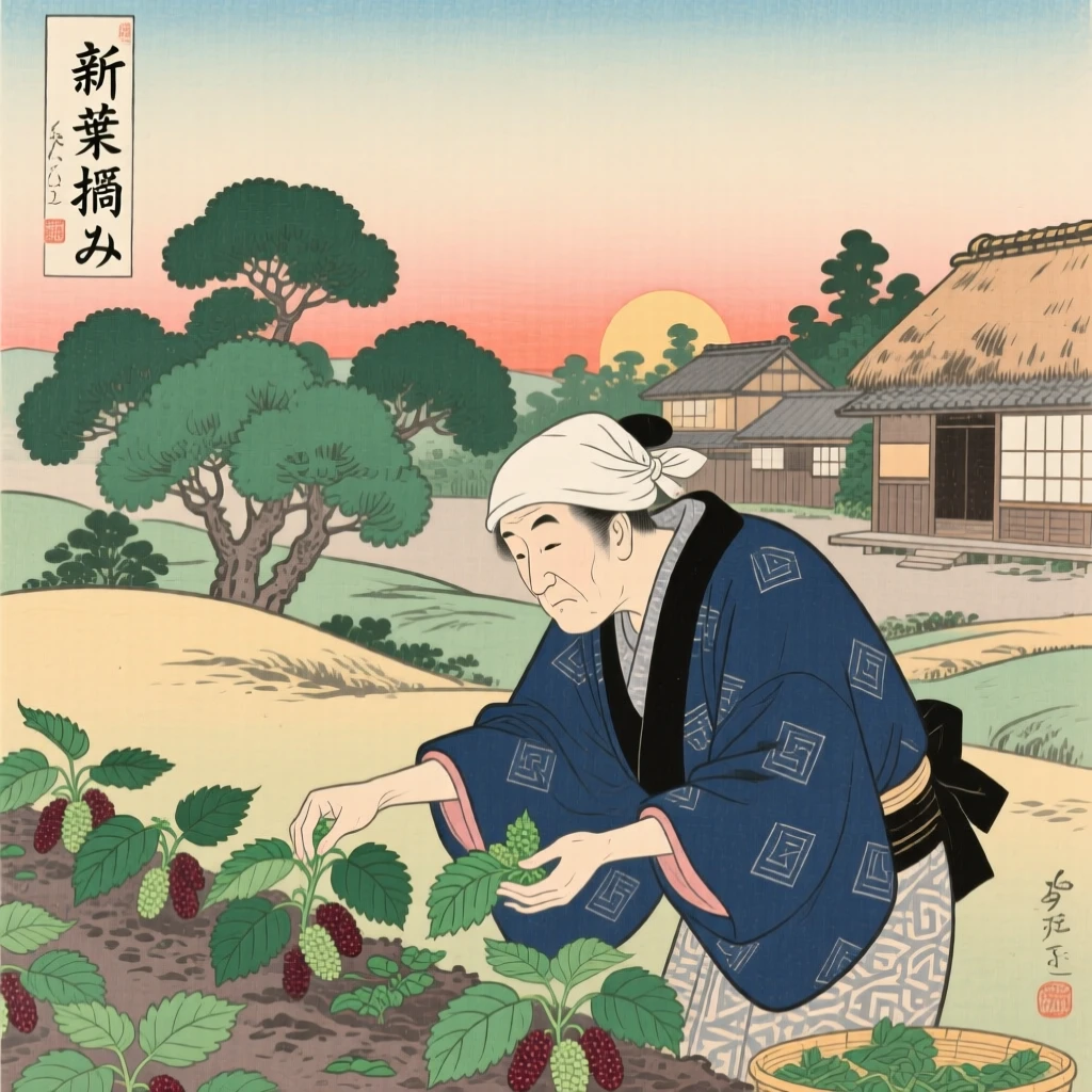 A silk merchant picking fresh leaves at sunrise.