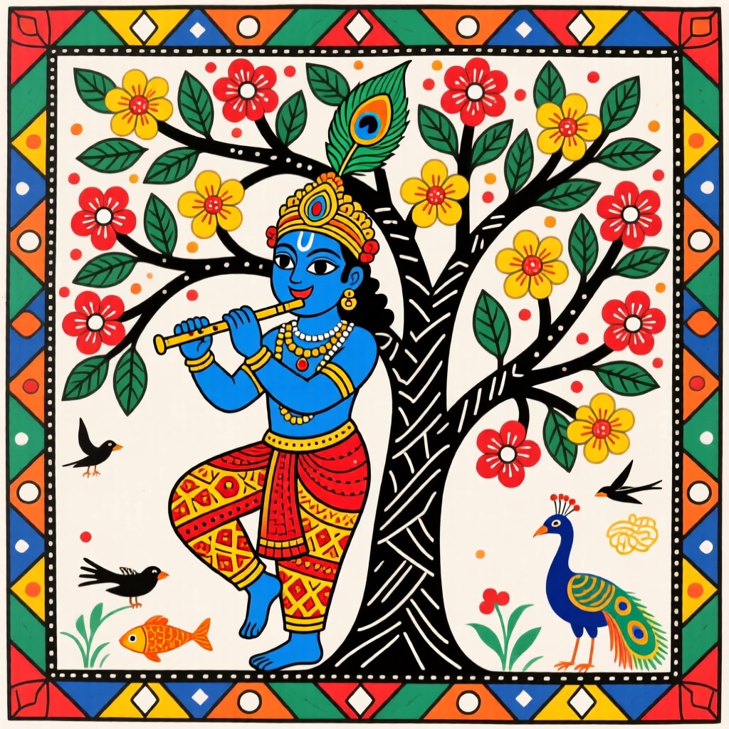 Krishna playing his flute beneath a flowering kadamba tree.