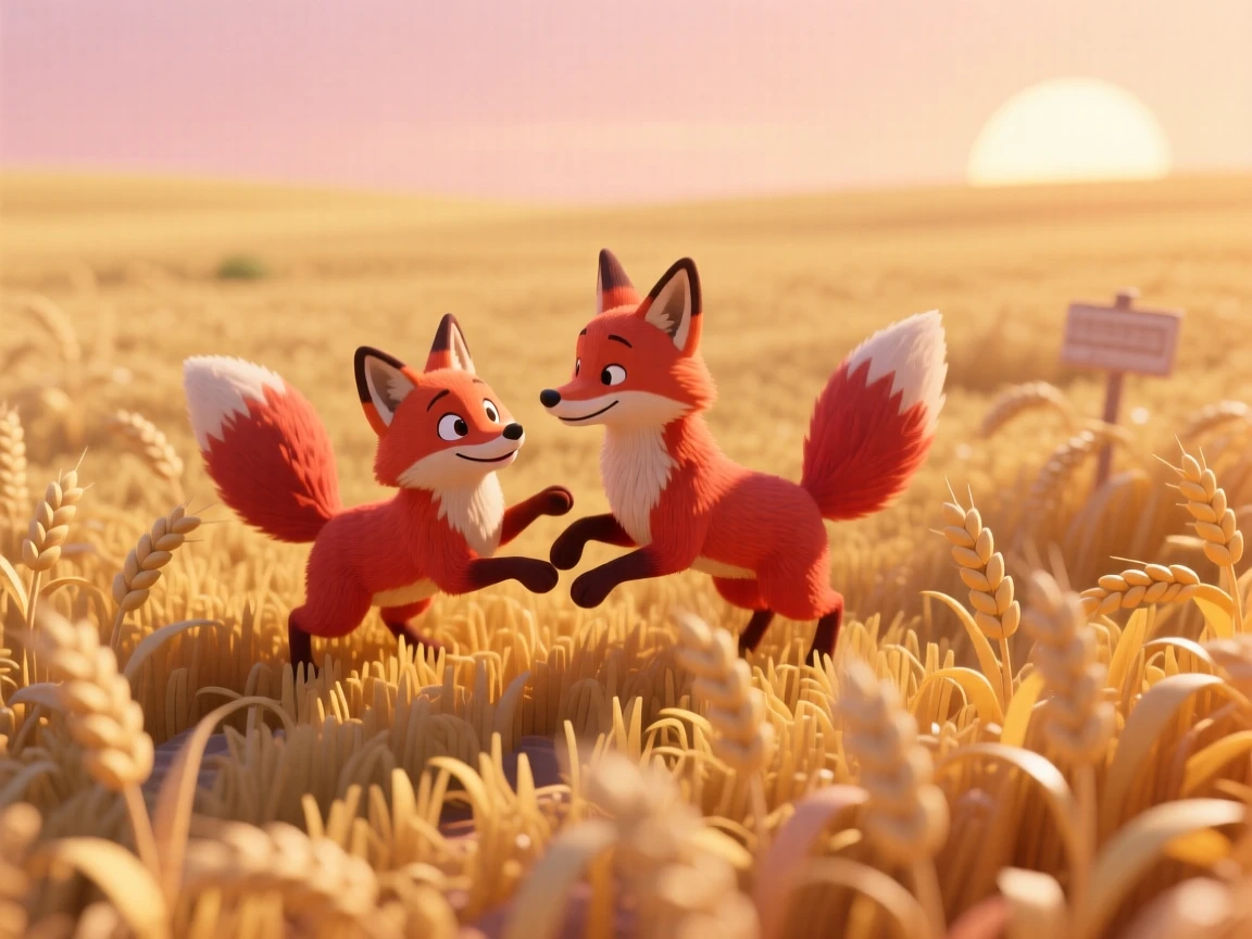 A pair of foxes playing in a golden wheat field at sunset, their red coats glowing warmly against the amber grass.
