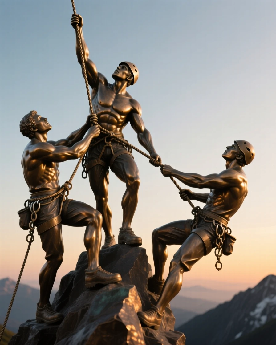 A mountaineer roped together with climbing partners at dawn, captured at the peak of a powerful movement, forming a strong central focal point