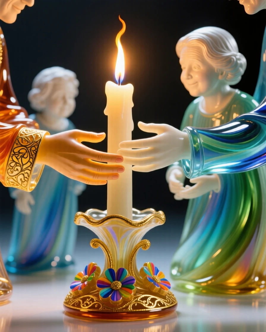 A pair of hands passing a lit candle between generations at a family gathering, symbolic and warm.