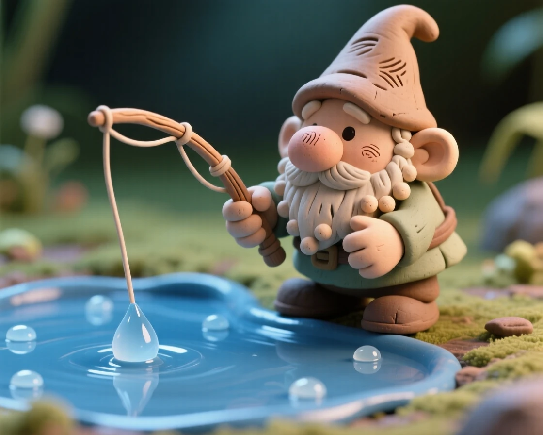 A tiny gnome fisherman casting a line into a dewdrop pond