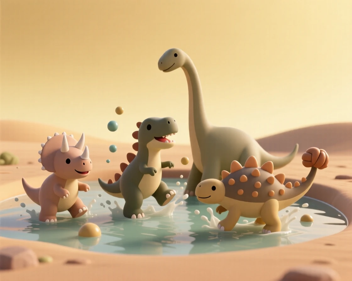 A playful pack of baby dinosaurs splash together in a warm prehistoric watering hole under a golden sky.