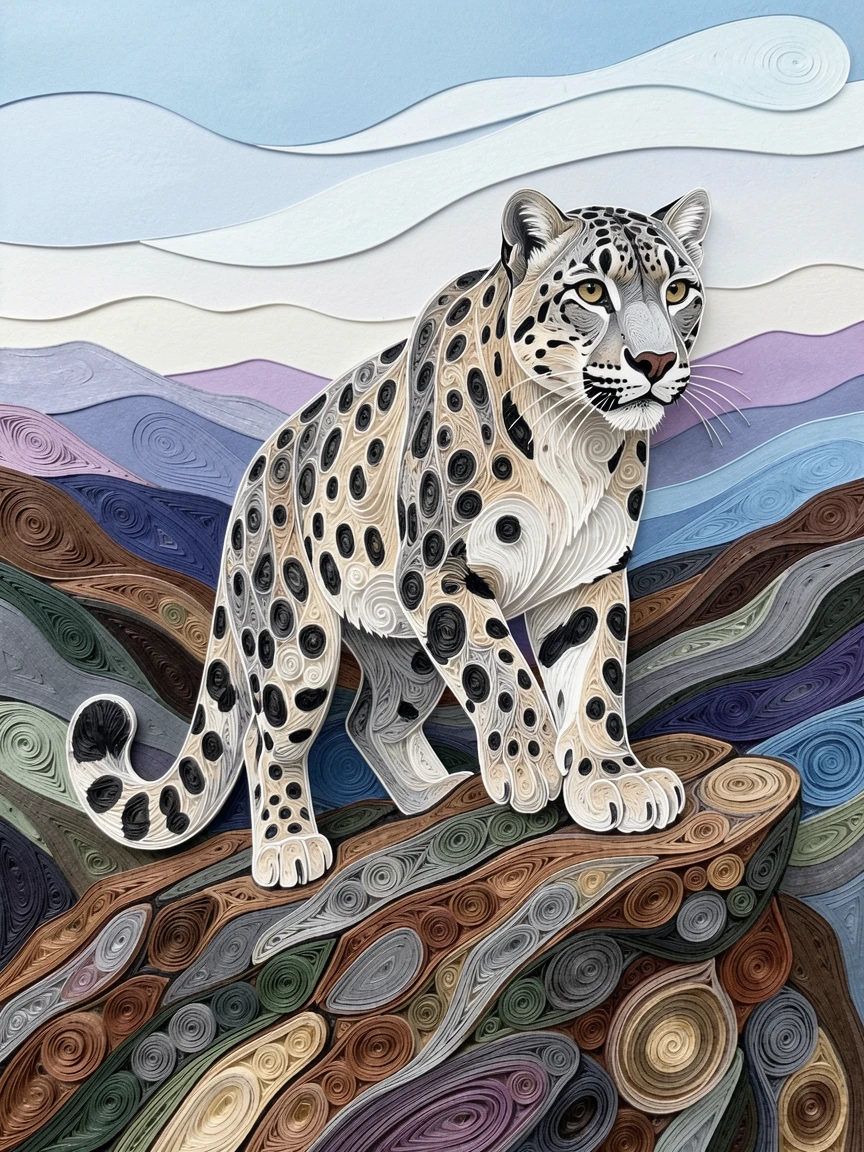 a snow leopard perched on a rocky mountain ledge, across an open, sweeping natural landscape, captured mid-action with dynamic movement, with fine texture visible in every strand of fur.