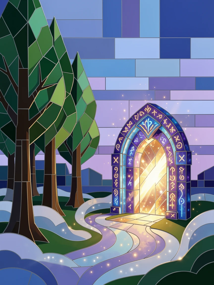 An epic fantasy scene of a magical portal glowing at the edge of an enchanted forest, with swirling mist and glowing highlights.