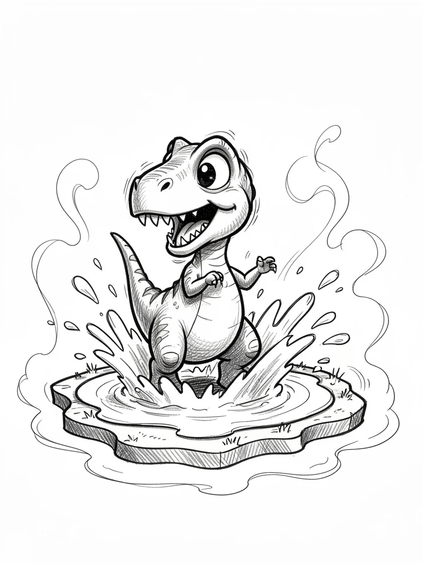 A young dinosaur splashing in a puddle on an island surrounded by mist.