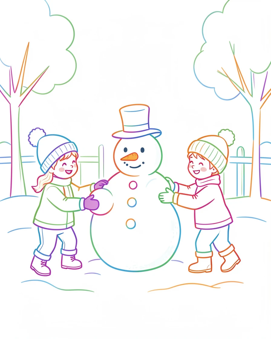 A snowman being built by children in a snowy front yard.