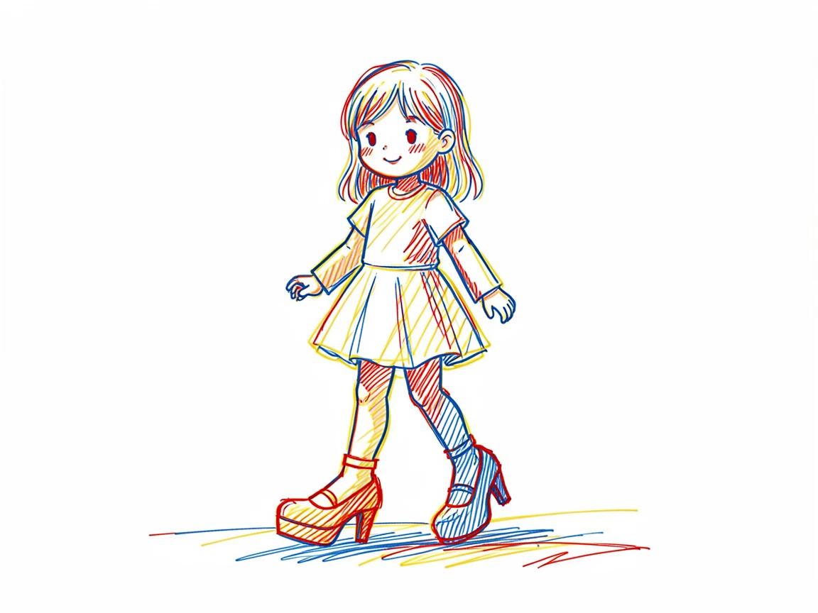A little girl trying on her mother's oversized high heels