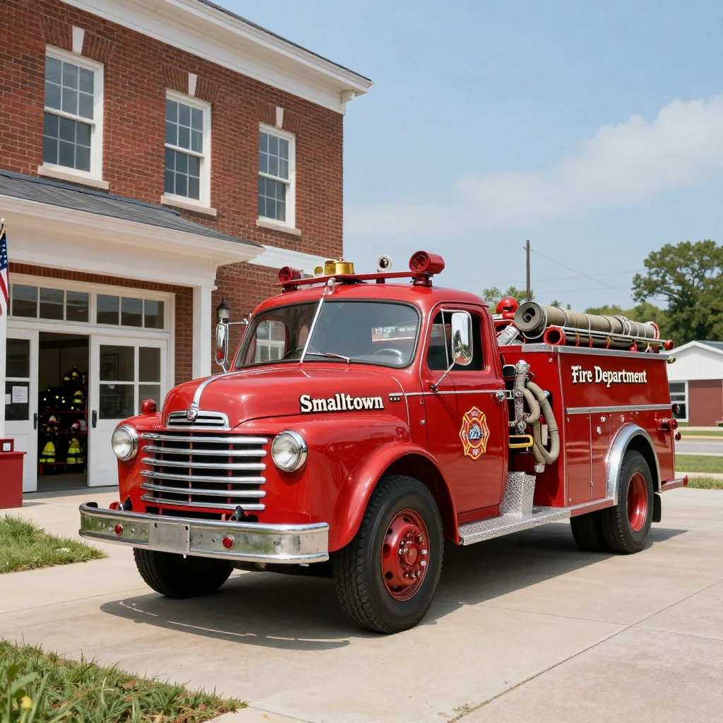 A vintage fire truck parked in front of a small town station
