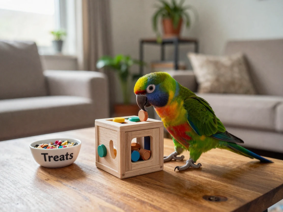 A parrot solves a simple puzzle toy for a treat, clearly proud of itself.