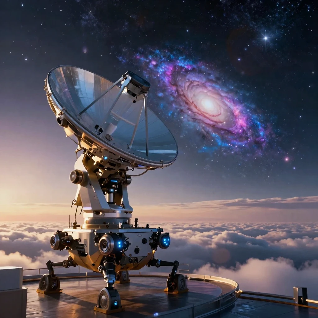 A robotic rover watching a distant galaxy through a giant telescope high above a swirling ocean of clouds