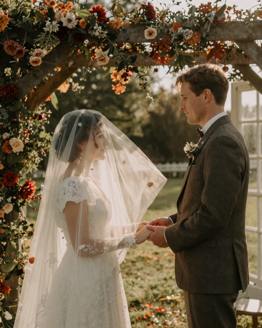 A couple exchanging vows beneath a flower-draped arbor, in warm morning light, with a soft breeze stirring the air, as summer fades into fall, with muted olive and rust colors, over the shoulder of the main subject.