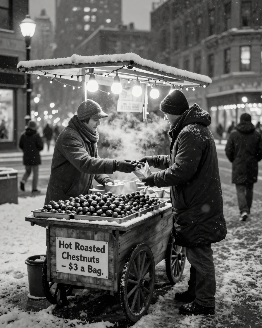 A vendor sells roasted chestnuts on a cold evening on a snowy city corner.