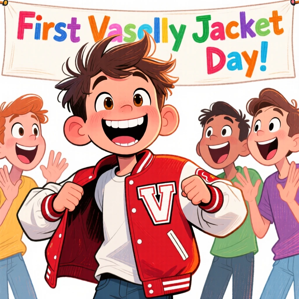 A boy receiving his first varsity jacket, proudly showing it off to friends.
