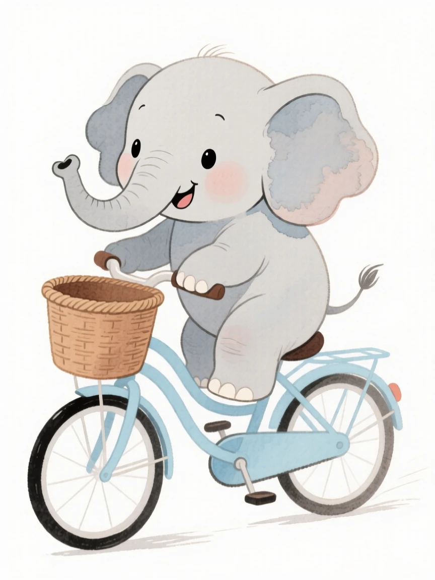 A baby elephant riding in a bicycle basket