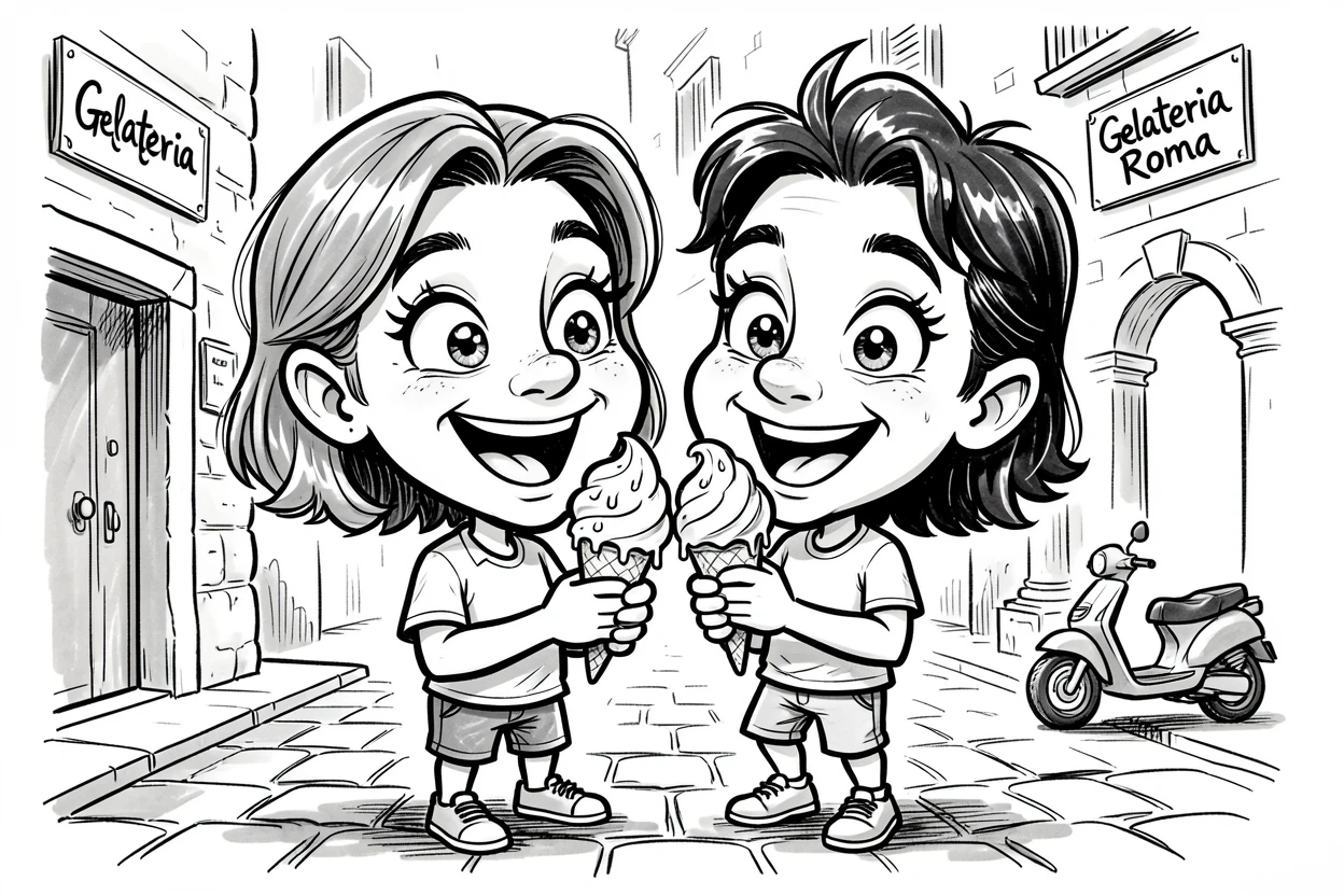 [Travel & Cultural Experiences] Vivid travel scene of a couple sharing gelato on a cobblestone street in Rome, full of wonder and adventure