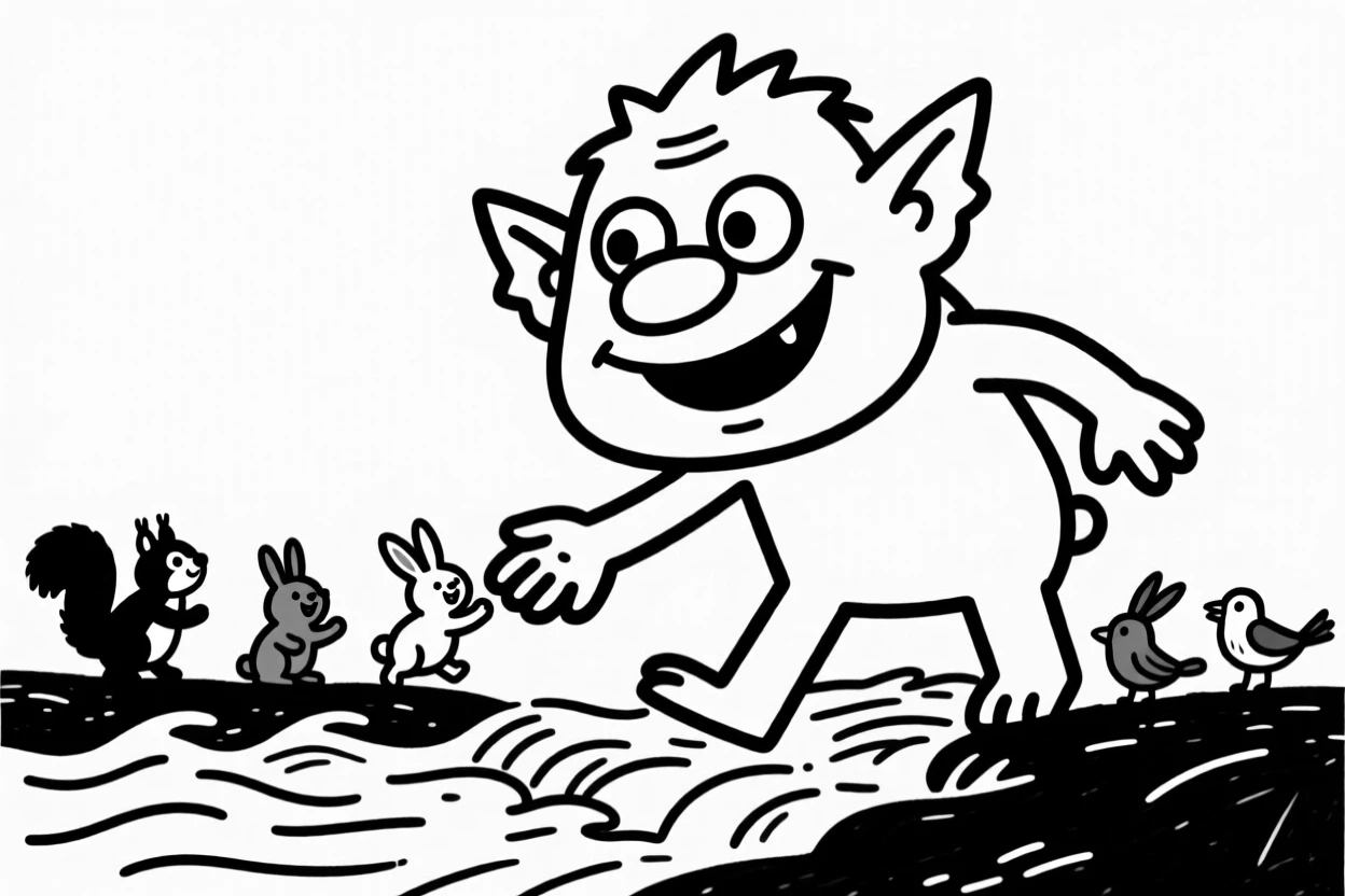 A giant friendly troll helping tiny woodland creatures cross a rushing river.