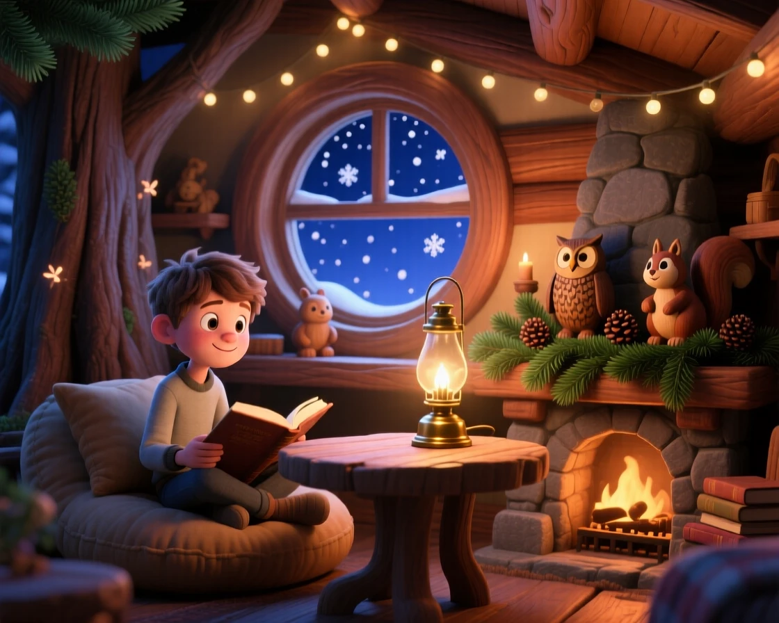 A teenage boy reading by lamplight sits inside a treehouse strung with twinkling lights, watching snowflakes drift past the window. A feeling of safety and slow relaxation lingers here, with pine branches decorating the mantel.