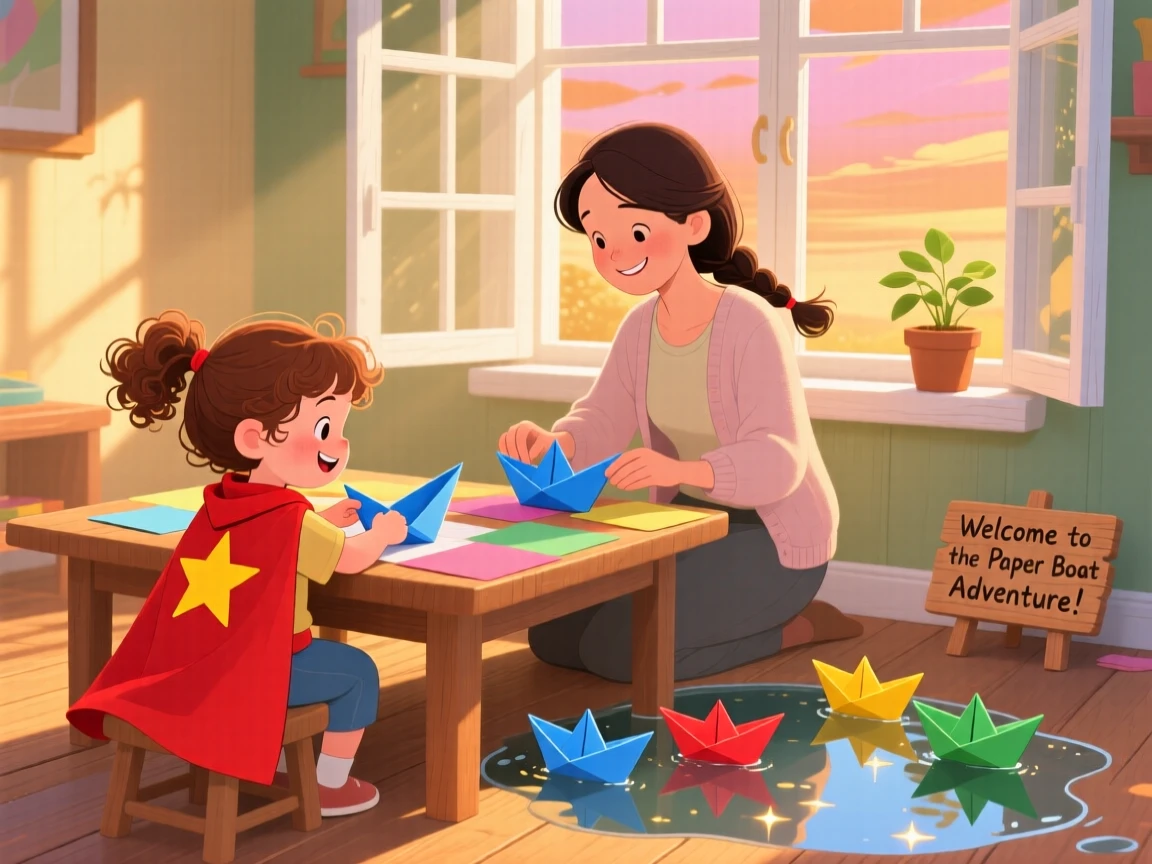 A little girl in a superhero cape spends the afternoon making paper boats to float in a puddle with her mother, as golden afternoon light streams through the window.