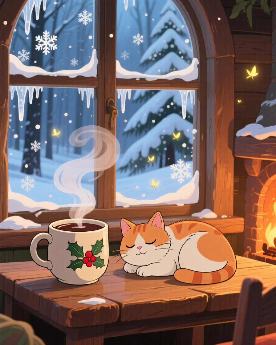 A warm, inviting scene of a hot chocolate mug steaming beside a snowy window, with a cat dozing beside the display.