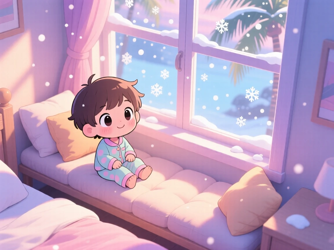 In a softly lit bedroom, a small child is watching snow fall from a warm window seat on a warm tropical afternoon, bathed in soft pastel light of dawn, expression full of quiet contentment. Shot as a bird's-eye view.