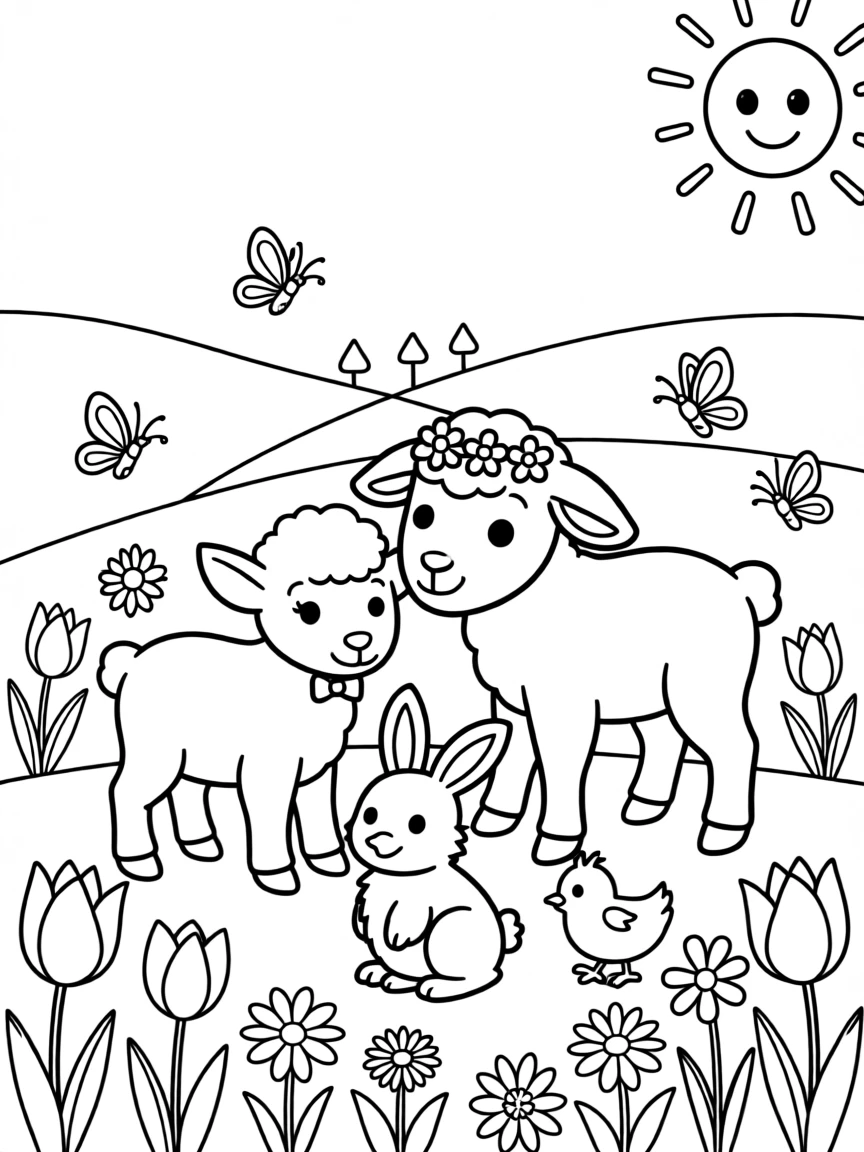 A springtime meadow with baby animals and blooming flowers