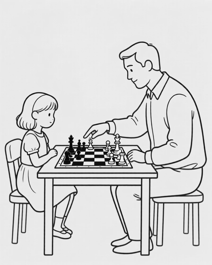 A father teaching his daughter to play chess