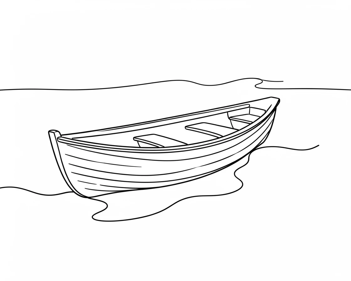A wooden rowboat resting on the shore of a calm lake