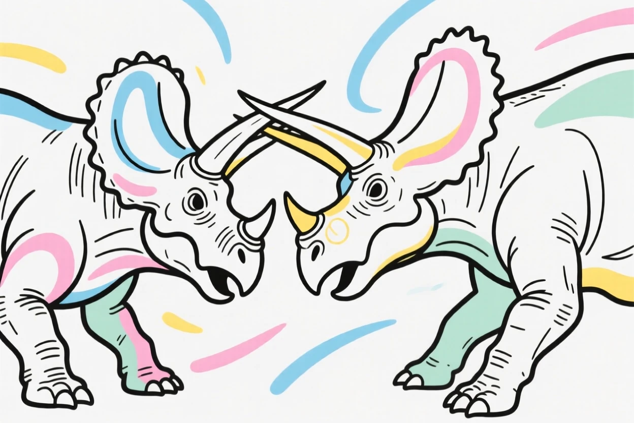 A pair of Triceratops locking horns in a dramatic showdown.