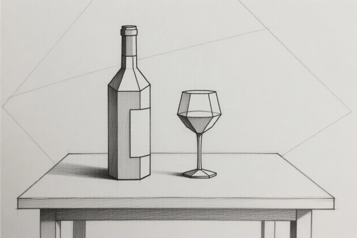 A still life of a wine bottle and glass on a table