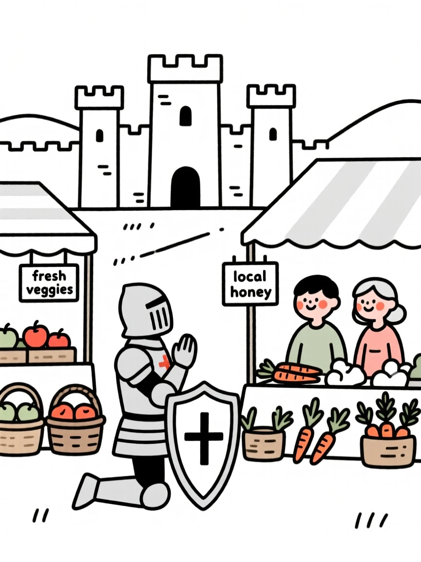 An arthurian knight kneeling before a castle, at a countryside farmers market.