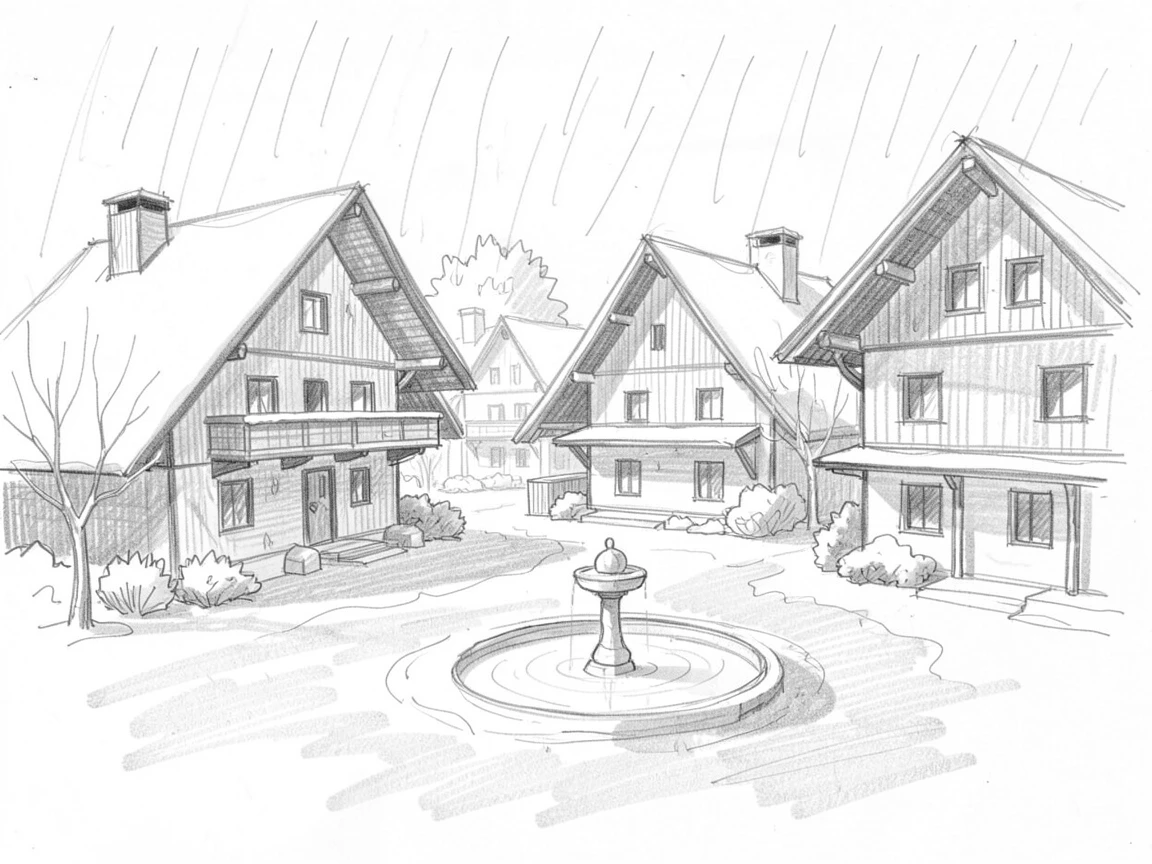 A stunning view of a snow-dusted alpine chalet village during a quiet rain shower, with a quiet fountain at its center.