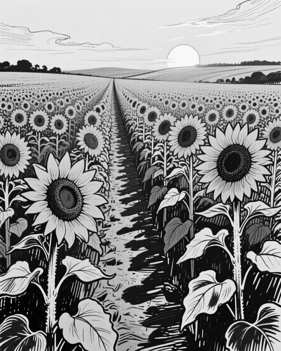 A single sunflower field at golden hour with long shadows stretching across the rows.